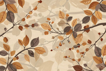 Intricate Botanical Illustration of Autumn Leaves Swept Away by a Gentle Breeze, Creating an Abstract Pattern of Earthy Browns and Foliage Silhouettes on a Natural Background