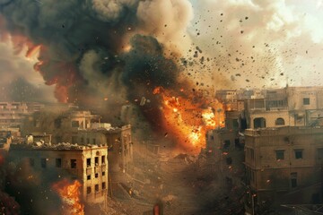 Captivating special effects photography of an intense and fiery urban conflict scene with buildings in ruins. Smoke and flames. Creating a dangerous and hostile environment