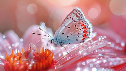 colorful picture of a butterfly on a flower, dewdrops