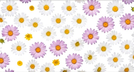 Obraz premium Chamomile flowers collection on white. Set of colorful Chamomile or Daisy flowers background, top view. Floral pattern.