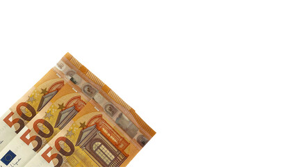 Three 50€ bills. Euro: 150 euro. Europian money. EU money. Isolated on white horizontal...