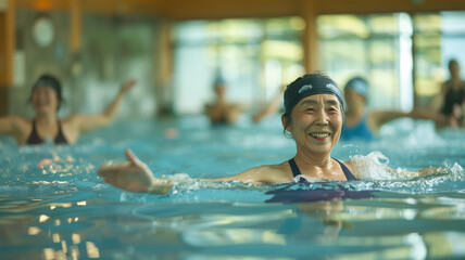 プールで運動しているシニア女性