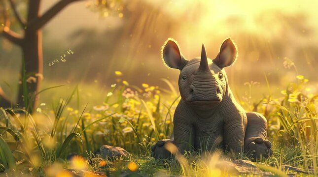 Adorable baby rhinoceros sitting on the vast savannah during the tranquil morning, a heartwarming wildlife moment
 Seamless looping 4k time-lapse virtual video animation background. Generated AI