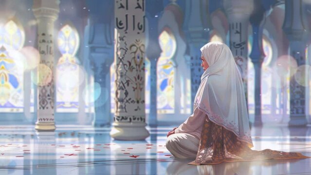 muslim woman praying at mosque, anime style