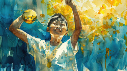 A young boy, wearing a medal around his neck, raises a trophy triumphantly against a colorful, abstract backdrop, capturing a moment of pure joy and celebration