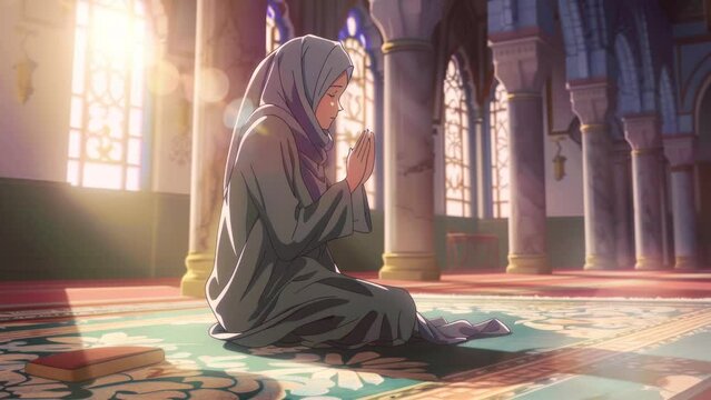 muslim woman praying at mosque, anime style