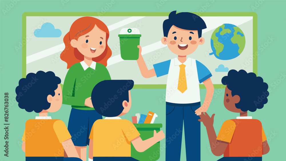 Poster A passionate student giving a presentation to their classmates about the importance of recycling and how their school can lead the way in creating a. Vector illustration