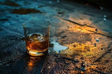 Whiskey glass bathed in warm sunset light, resting on a textured, wet surface