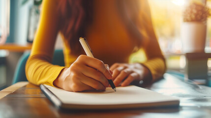 Focused Woman Writing Creatively at Bright Desk