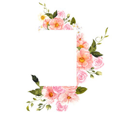 Frame with watercolor hand draw flowers and summer berry, strawberry, raspberry, cherry, currant garden floral,  isolated on transparent  background