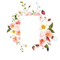 Frame with watercolor hand draw flowers and summer berry, strawberry, raspberry, cherry, currant garden floral,  isolated on transparent  background
