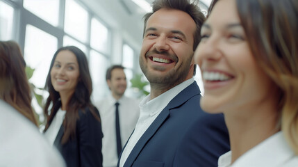 Fototapeta premium Successful Business Team in Modern Office: Smiling Businessman Celebrates Teamwork