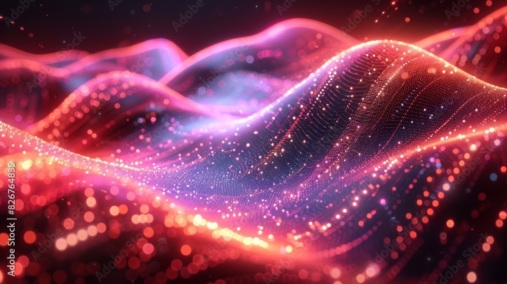 Poster dynamic red-toned abstract particle wave design implying energy and digital movement