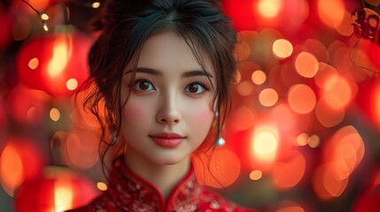 Portrait of a young Asian woman in traditional attire with dreamy red bokeh light background