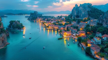 Fototapeta premium A panoramic view of a picturesque coastal town lit by the soft glow of twilight, complete with boats and rugged terrain