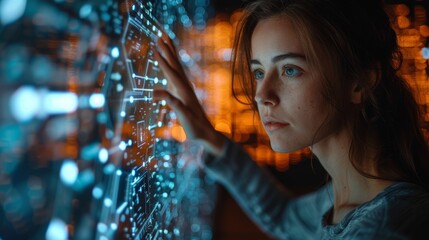Engaged woman touching a digital interface with complex, futuristic technology graphics