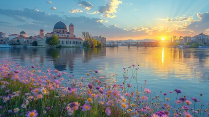 Majestic sunset illuminating the city skyline with a dome-shaped building, a bridge and riverside flowers in bloom - Powered by Adobe