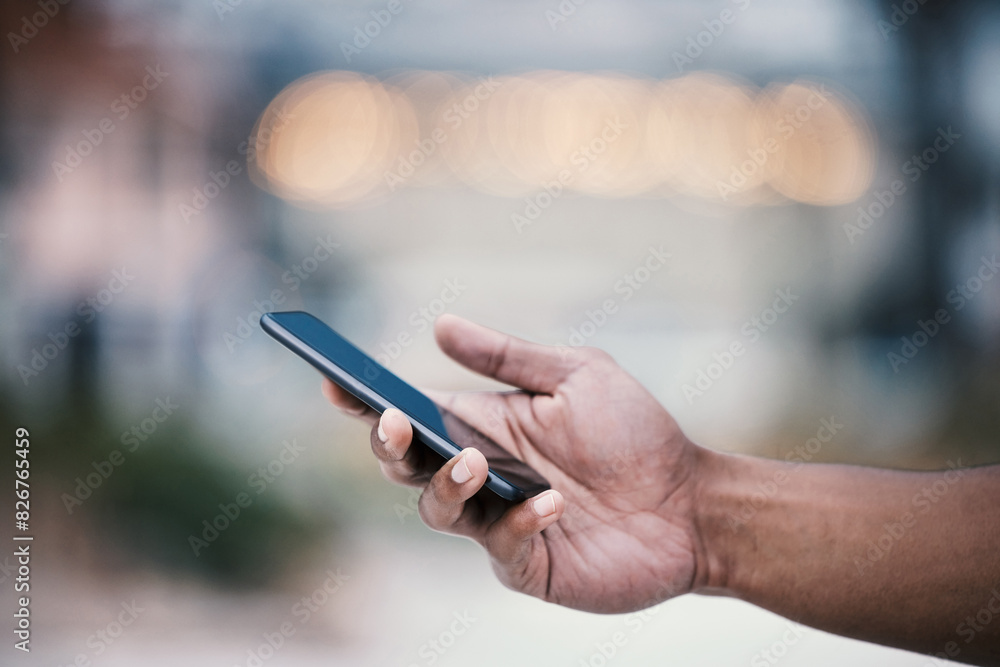 Aufkleber Outdoor, hand and person with mobile phone to scroll, chat and browse online with internet. Bokeh, technology and connection with smartphone for social media, networking and text message to contact