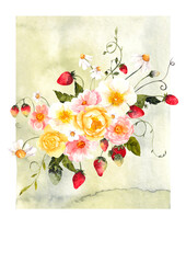 Watercolor hand draw poster with summer garden flowers and berries, fresh strawberry, raspberry, cherry currant, isolated on vintage abstract background.