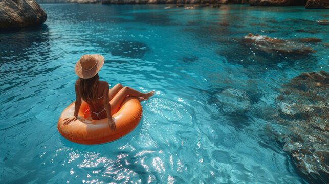 A woman enjoys a leisurely float on an inflatable ring in crystal-clear blue waters near rocky cliffs