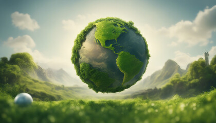 Earth Day Scene with Lush Green Landscape and Environmental Icons