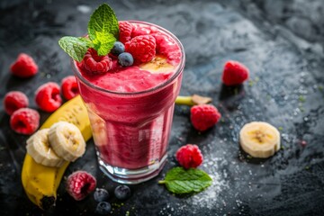 Smoothie with raspberries, blueberries, bananas and mint in a glass