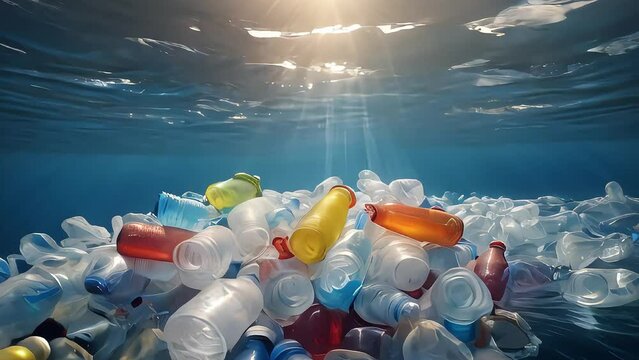 Pile of garbage, plastic waste, bottles floating on the surface of the water, pollution of the world's oceans