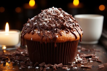 Chocolate cupcake with chocolate frosting on a wooden board.