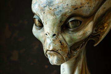 Detailed image of a sculpted extraterrestrial face, evocative of science fiction themes