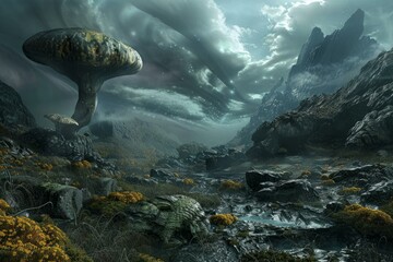 Surreal extraterrestrial valley featuring unique flora, rocky terrain, and dramatic cloud formations - Powered by Adobe