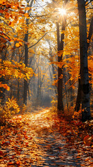 Autumn Pathway Through a Vibrant Forest with Sunlit Foliage and Fallen Leaves