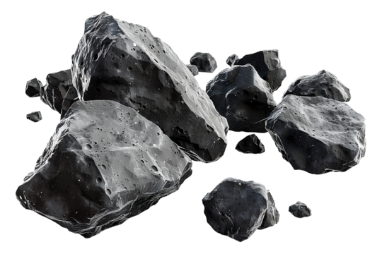 Asteroids swarm of boulders or stone meteorite isolated on transparent png background, flying rock in the space.
