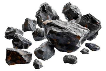 Asteroids swarm of boulders or stone meteorite isolated on transparent png background, flying rock in the space.
