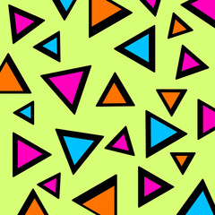Blue, orange, and pink triangles with black outlines on green background