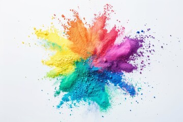 Rainbow-colored holi powder explosion on a white background