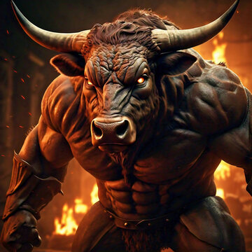 humanoid angry powerful bull with big horns on the background of fire. Portrait of the Minotaur In Greek mythology