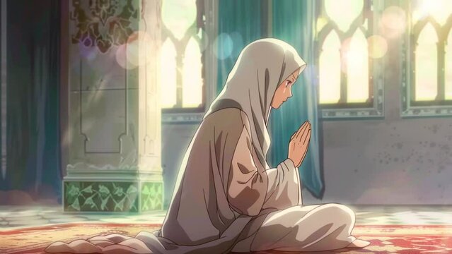 muslim woman praying at mosque, anime style