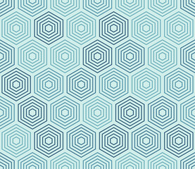 Hexagon pattern geometric design. Hexagon stacked mosaic cells. Blue color tones. Large hexagon shapes. Seamless pattern. Tileable vector illustration.