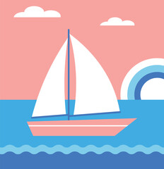 Colorful geometric background with sailing sailboat. Travel and summer holiday concept. Sea sunset. Summer vacation. Flat vector illustration.