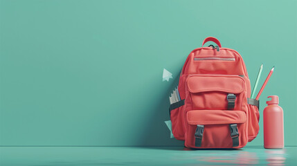 Fototapeta premium Red backpack with school equipment. Back to school concept on green background 3D