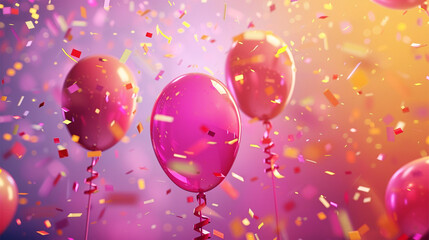 Bunch of bright balloons and space for text against color background happy birthday horizontal illustration. 3d realistic air balloons with confetti