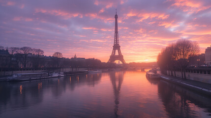 Fototapeta premium Eiffel Tower View Over River Seine at Sunrise in Paris