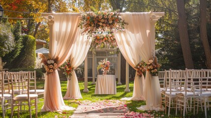 Beautiful outdoor wedding dress with elegant floral arrangements, draped fabrics and Chiavari chairs in the surrounding garden. The concept of wedding under the open sky.