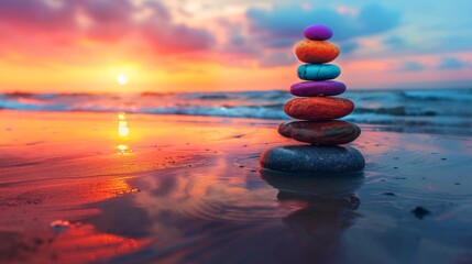 Vibrant stones stacked on a serene beach during a beautiful sunset, representing tranquility, balance, and nature. Summer concept. 
