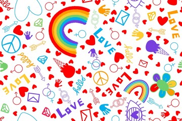 Lgbtq rainbow pride seamless love and eyes and peace sign pattern