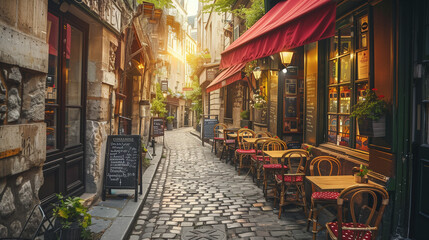 Fototapeta premium Paris Cityscape: Cozy Cafe Tables on Parisian Streets