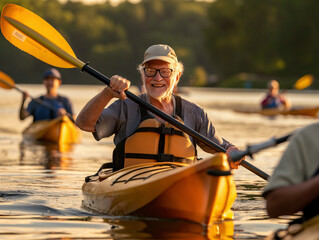Senior man enjoying a sunny day of kayaking with friends on the lake, showcasing adventure, leisure, and an active lifestyle for all ages in a beautiful outdoor setting.