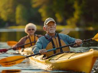 Senior couple enjoying a serene kayaking adventure on a calm lake during a beautiful sunny day, emphasizing active lifestyle, nature, and outdoor recreation.