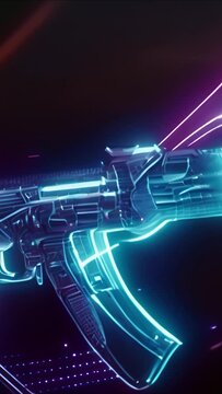 Sebuah hologram bercahaya biru dari senapan dengan sinar laser keluar, pada latar belakang hitam .ilustrasi, kualitas tinggi