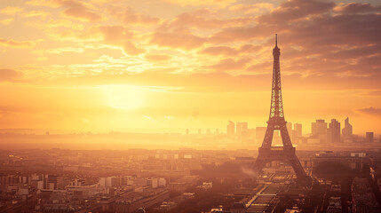 Early Morning Paris Panorama with Eiffel Tower View